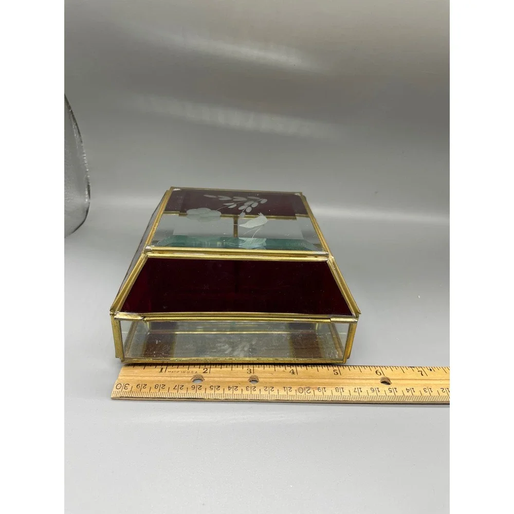 Vintage Red Stained Glass Brass Jewelry Box Etched‎ Hummingbird Floral Mirror